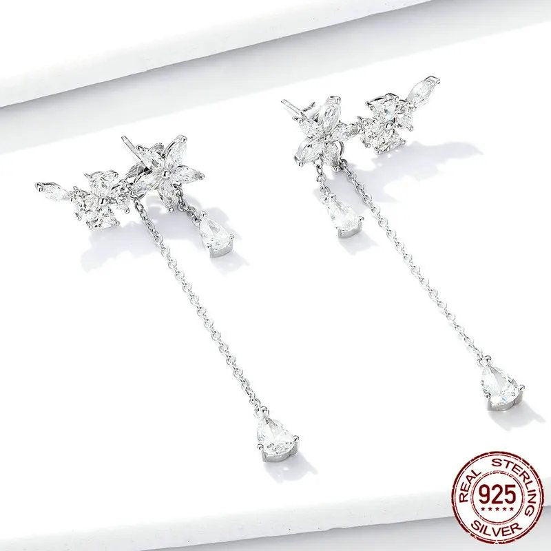 Sterling Silver Cubic Zirconia Flower Dangle Earrings