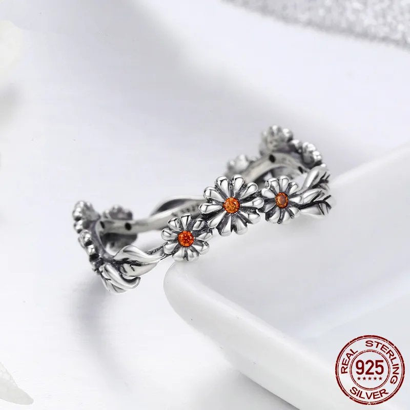 Sterling Silver Twisted Daisy Flower Female Finger Rings