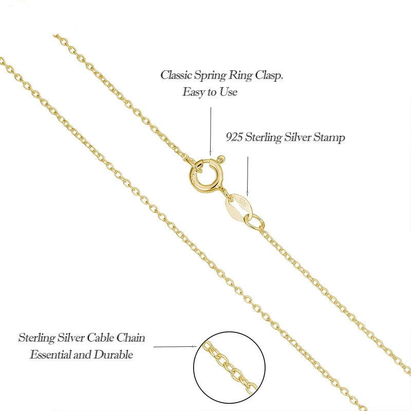 Authentic Gold Color 925 Sterling Silver Basic Cable Chain Necklace Pendant for Women Long Chain Fashion Jewelry