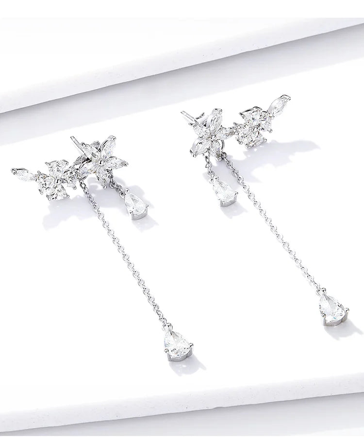 Sterling Silver Cubic Zirconia Flower Dangle Earrings