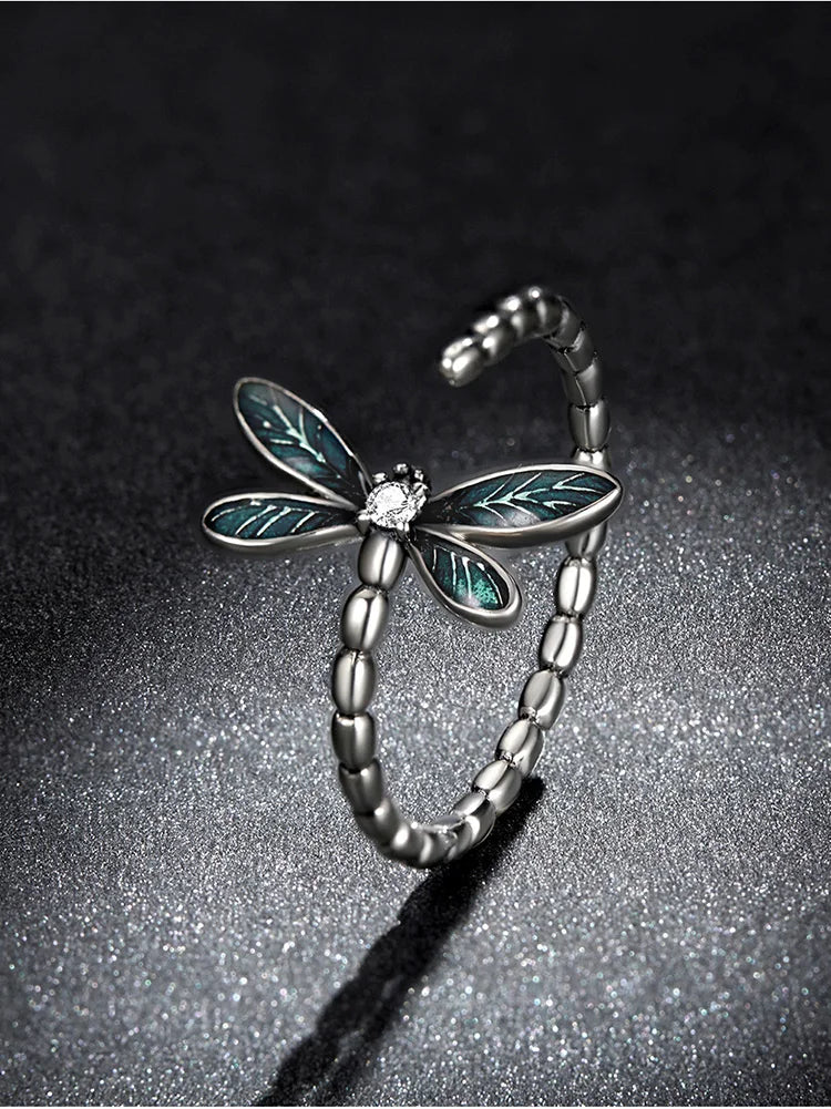 Antique Green Dragonfly Ring in Sterling Silver