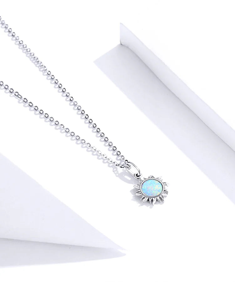 Silver White Opal Sun Pendant Necklace