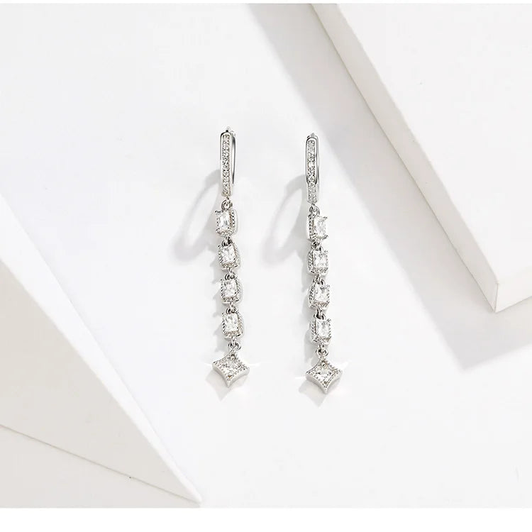 Sterling Silver Classic Square CZ Long Dangle Earrings