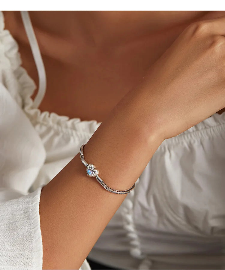 Silver Heart Moonstone Bracelet with Snake Chain