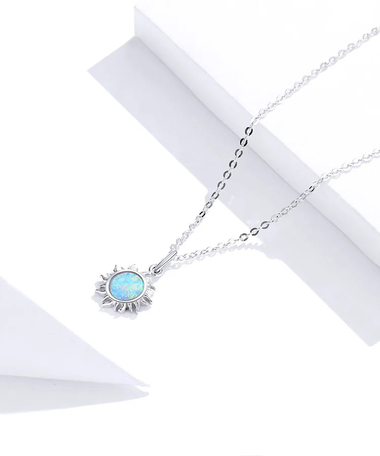 Silver White Opal Sun Pendant Necklace