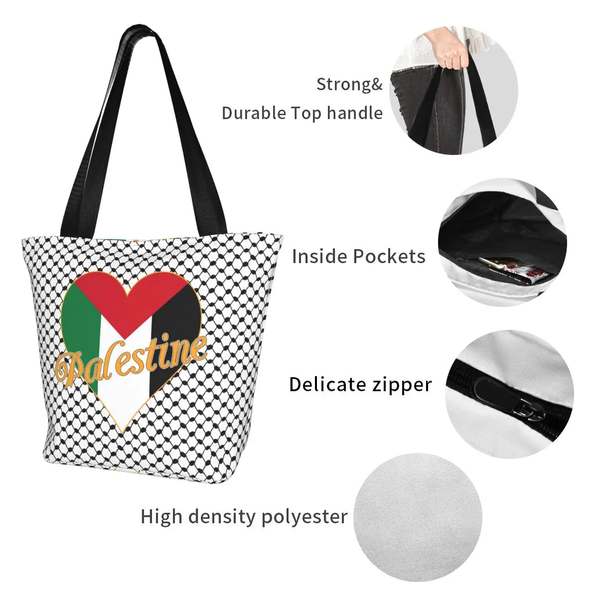 Palestine Keffiyeh Flag Heart Tote Bag Accessories Street For Female Shopping Bag With Zipper