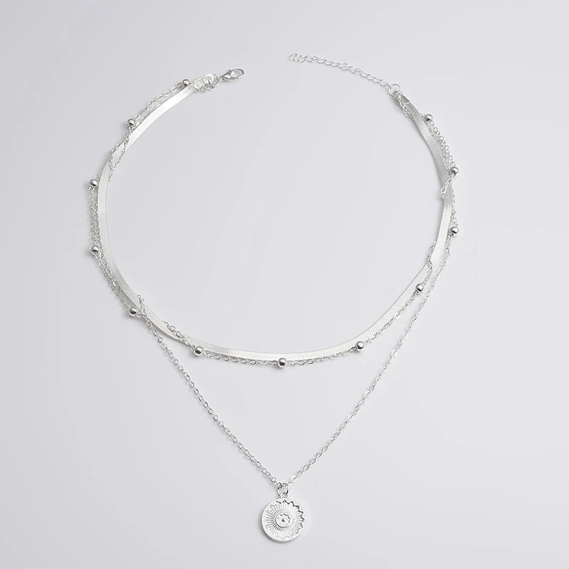 Three Layered Round Silver Necklace with Simple Snake Chain and Ball Chain