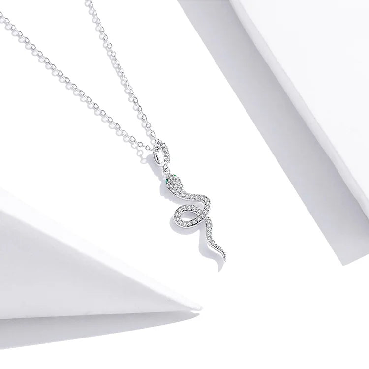 Silver Snake Necklace with Cubic Zirconia