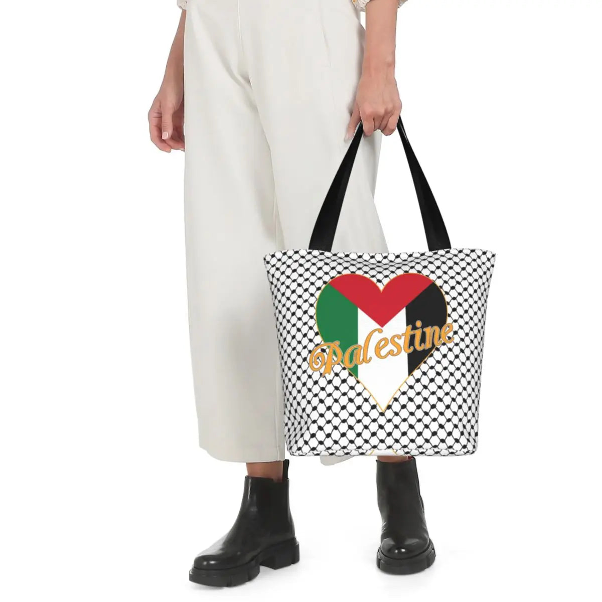 Palestine Keffiyeh Flag Heart Tote Bag Accessories Street For Female Shopping Bag With Zipper