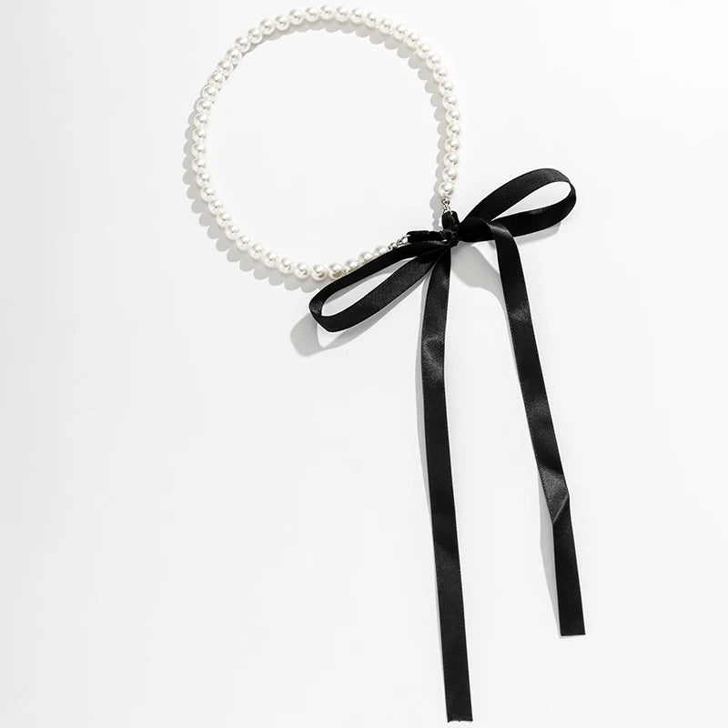 Women's Long Black Ribbon Wedding Necklace White Imitation Pearl