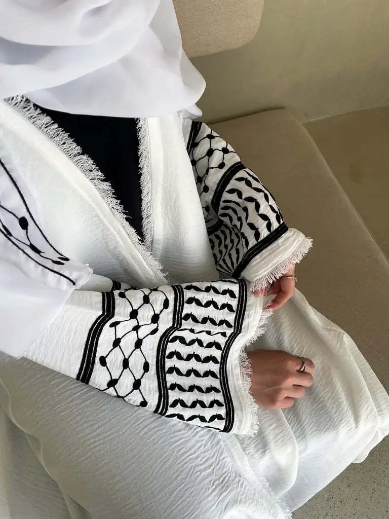 Ramadan Abaya with Palestinian Embroidered Keffiyeh Tassels Open Islamic Abayas for Women