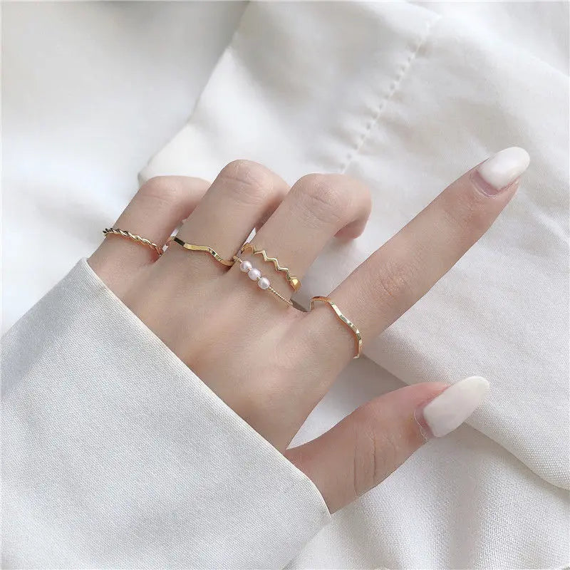 5pcs/set Ring Female Japanese Korean Style Simple Three Pearl Wavy Combination Ring Personality Ring Net Red Tail Ring Jewelry