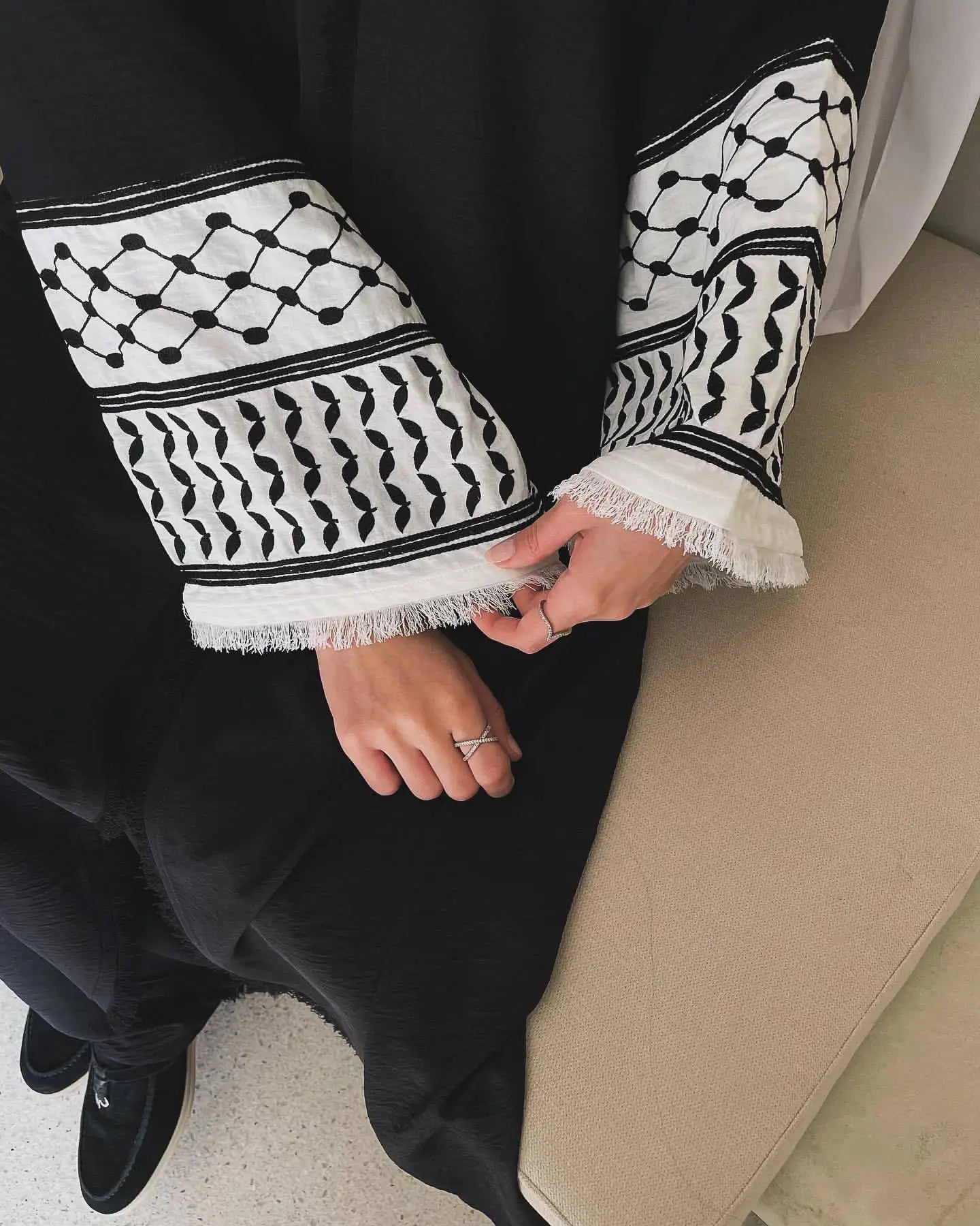 Ramadan Abaya with Palestinian Embroidered Keffiyeh Tassels Open Islamic Abayas for Women