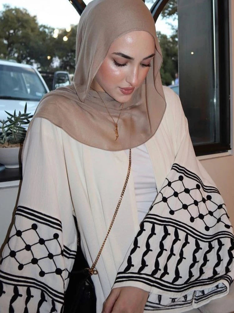 Women's Embroidered Abaya with Palestinian Keffiyeh Sleeves