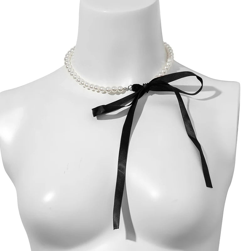 Women's Long Black Ribbon Wedding Necklace White Imitation Pearl