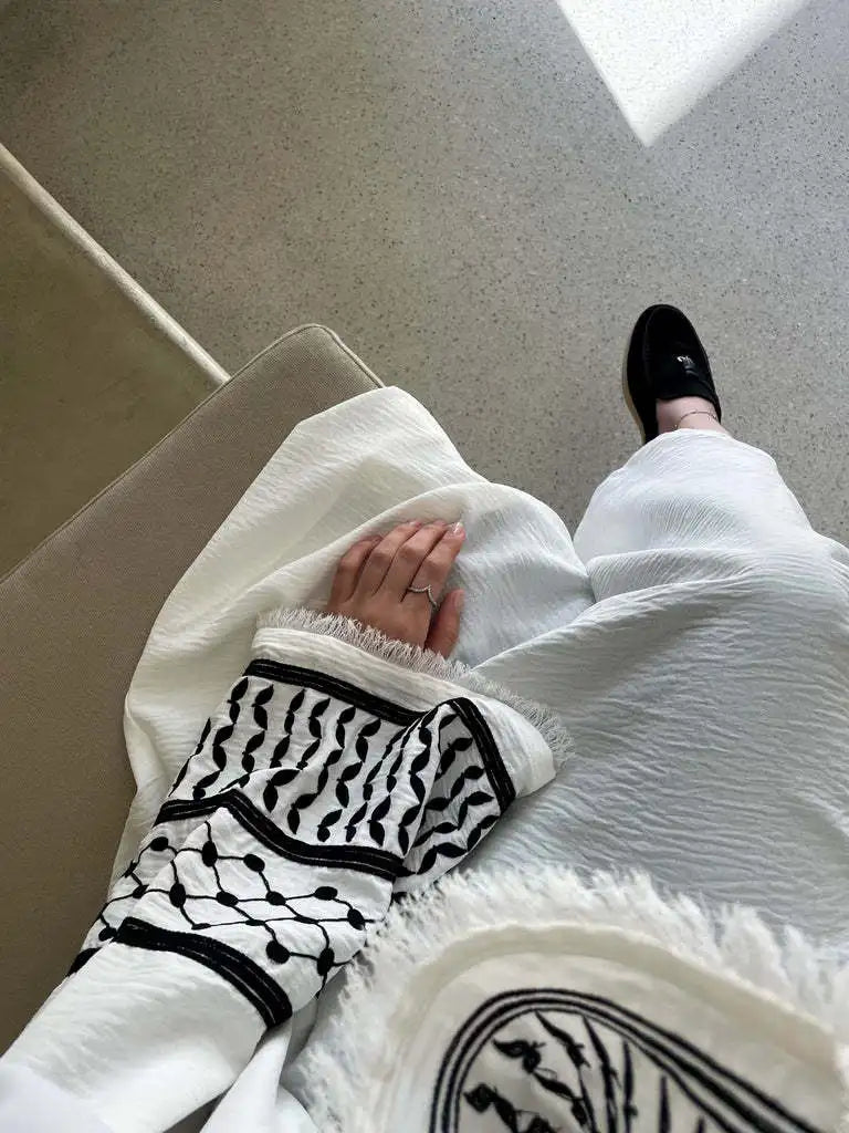 Women's Embroidered Abaya with Palestinian Keffiyeh Sleeves