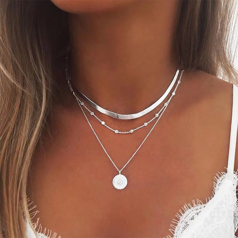 Three Layered Round Silver Necklace with Simple Snake Chain and Ball Chain