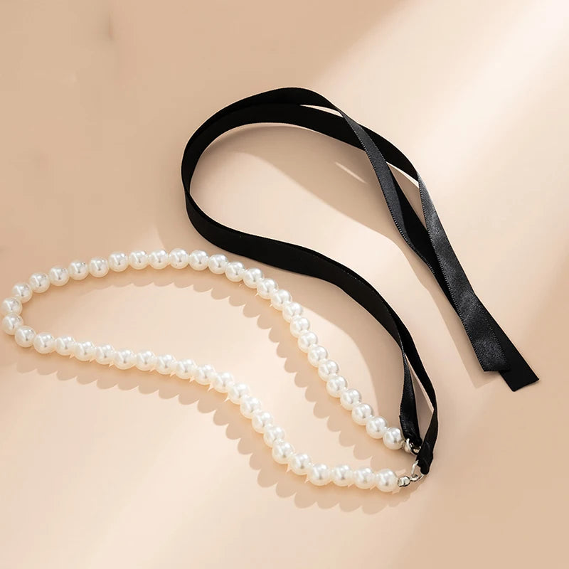 Women's Long Black Ribbon Wedding Necklace White Imitation Pearl