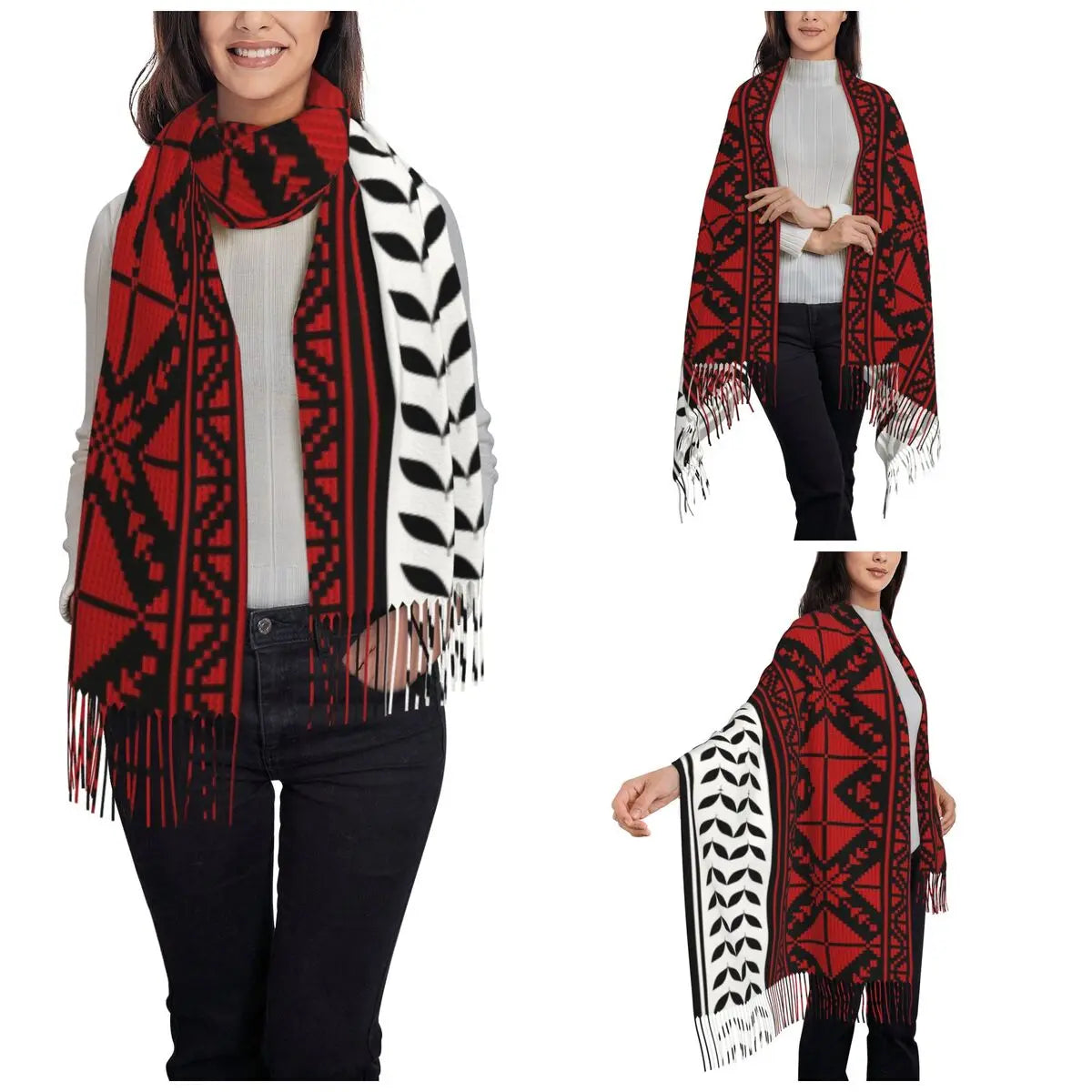 Women's Arab Folk Keffiyeh Style Tassel Scarf, Large Warm Winter Shawl