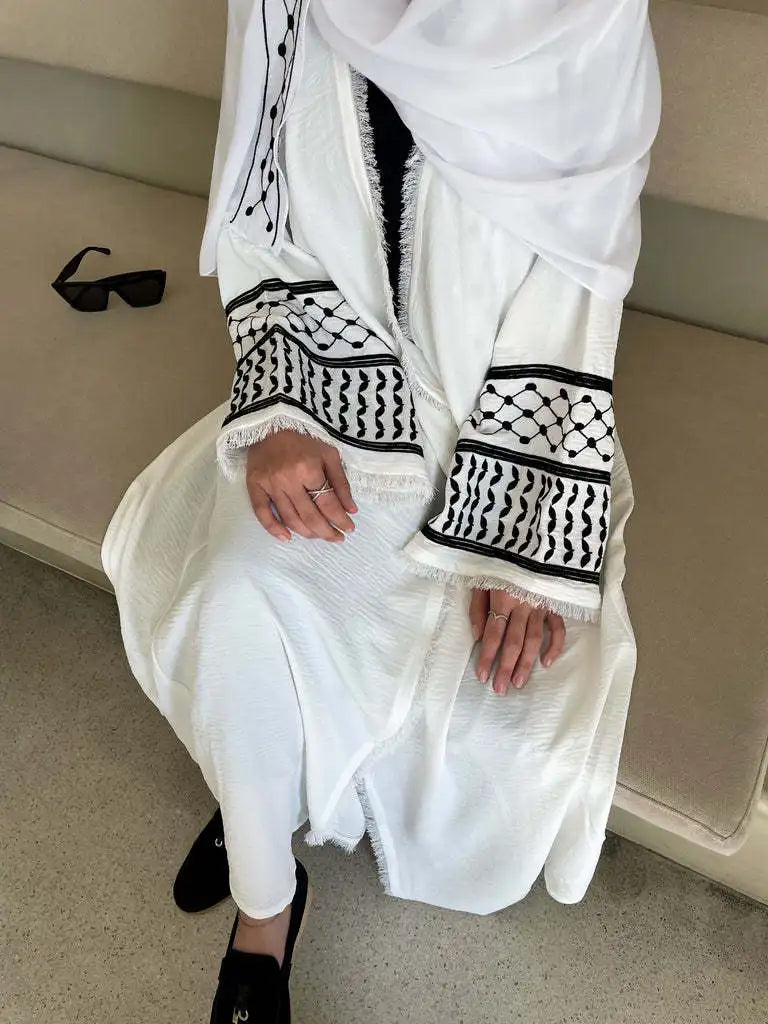 Ramadan Abaya with Palestinian Embroidered Keffiyeh Tassels Open Islamic Abayas for Women