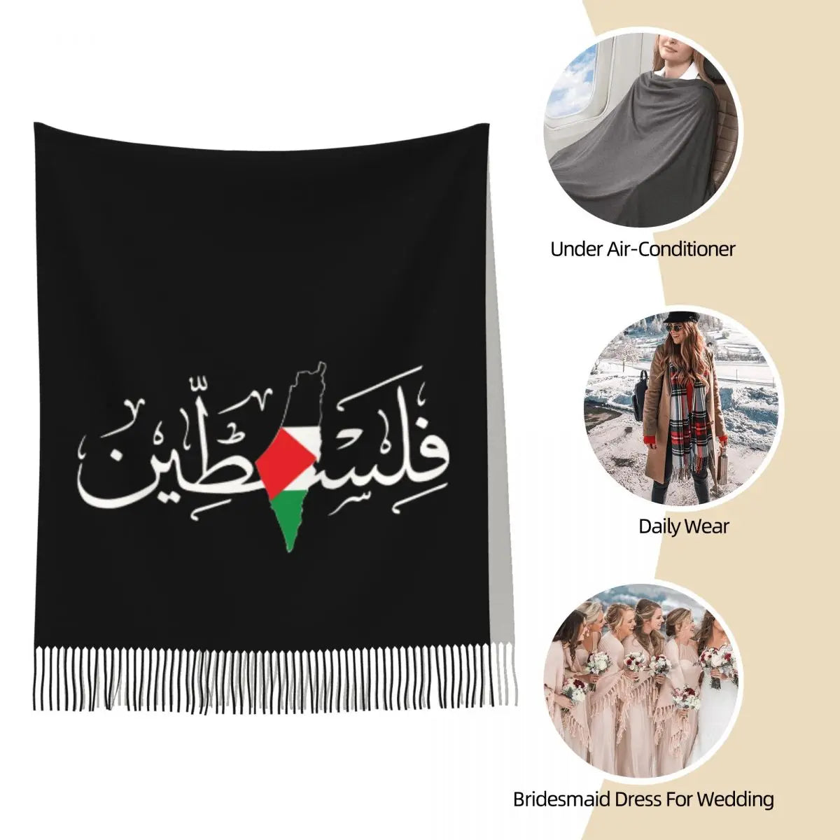 Womens Tassel Scarf Palestinian Arabic Large Winter Fall Shawl Wrap Palestine Solidarity Flag Map Reversible Cashmere Scarf