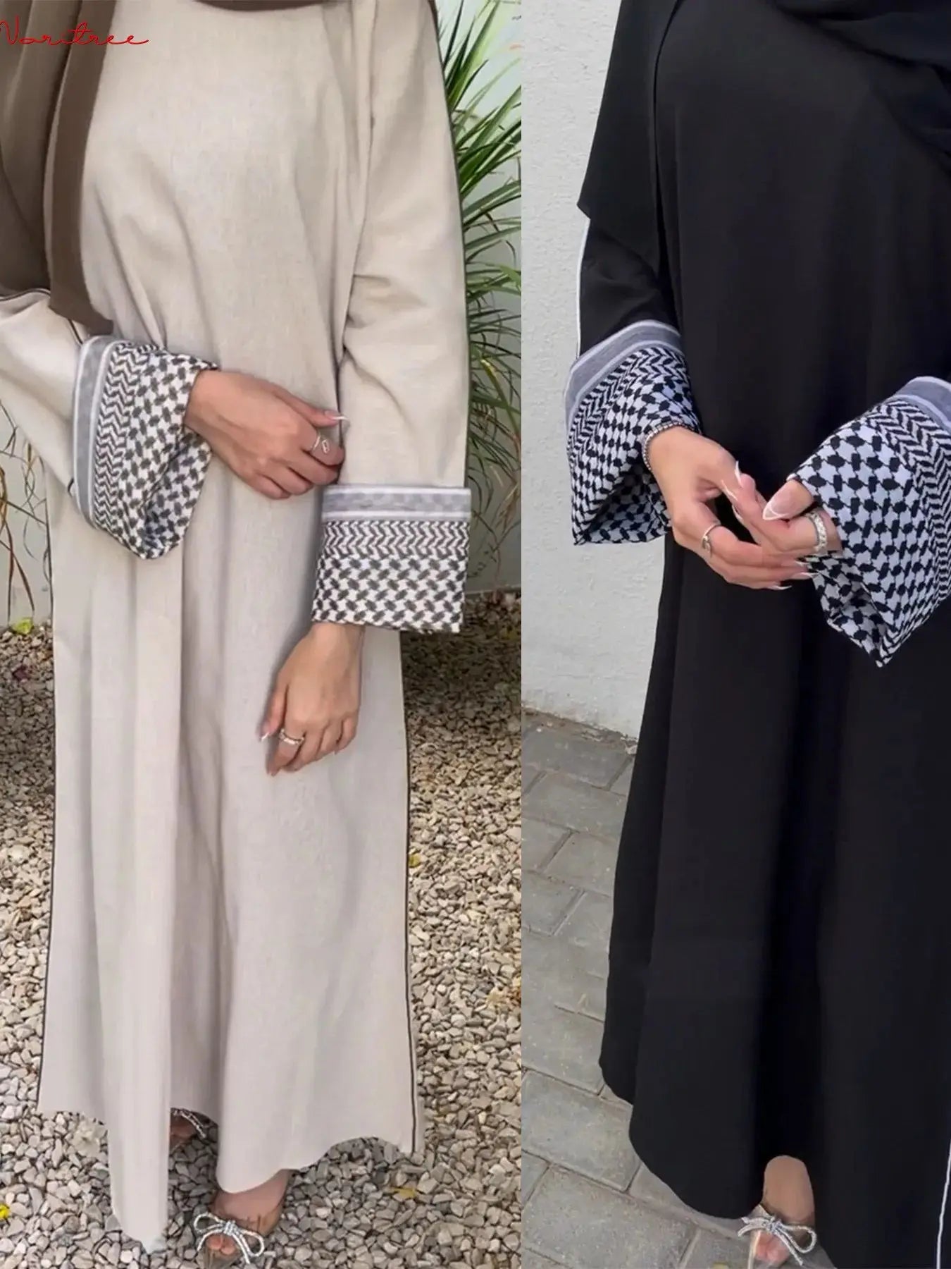 Women's Embroidered Abaya with Palestinian Keffiyeh Sleeves