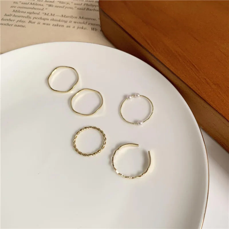 5pcs/set Ring Female Japanese Korean Style Simple Three Pearl Wavy Combination Ring Personality Ring Net Red Tail Ring Jewelry