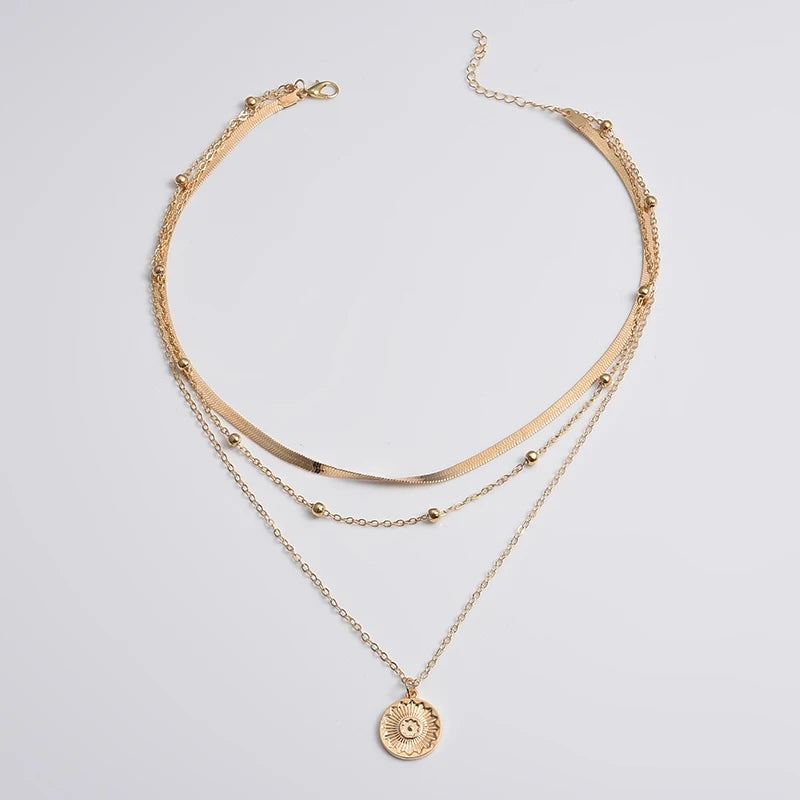 Three Layered Round Silver Necklace with Simple Snake Chain and Ball Chain