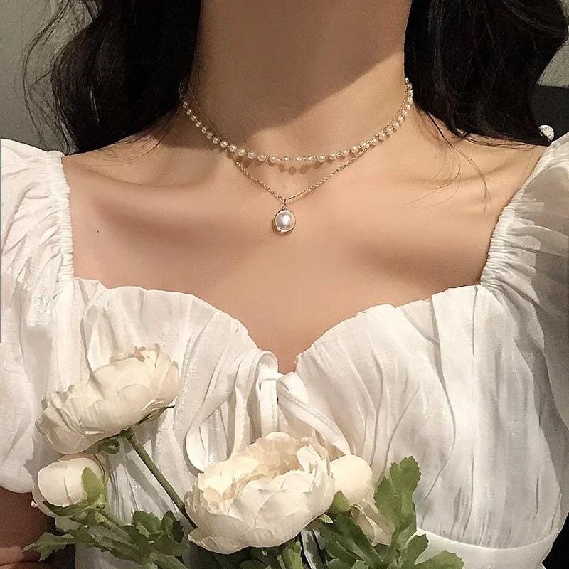 Women's Korean Pearl Necklace Gold Color Chain Necklace