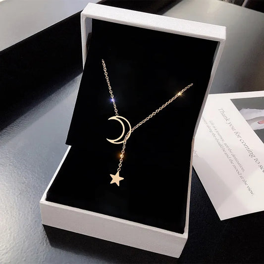 Gold Tone Alloy Moon Star Pendant Necklace