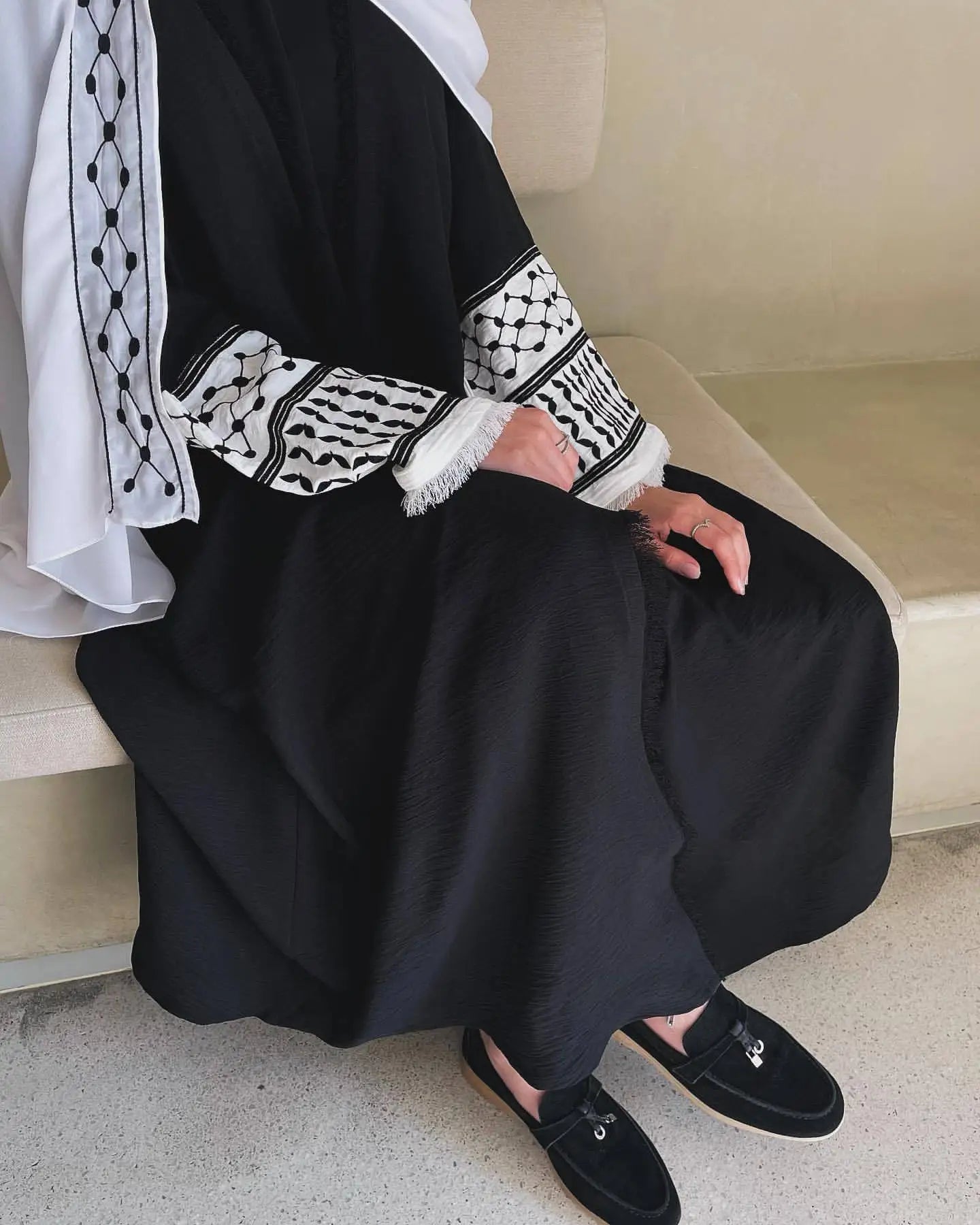 Women's Embroidered Abaya with Palestinian Keffiyeh Sleeves