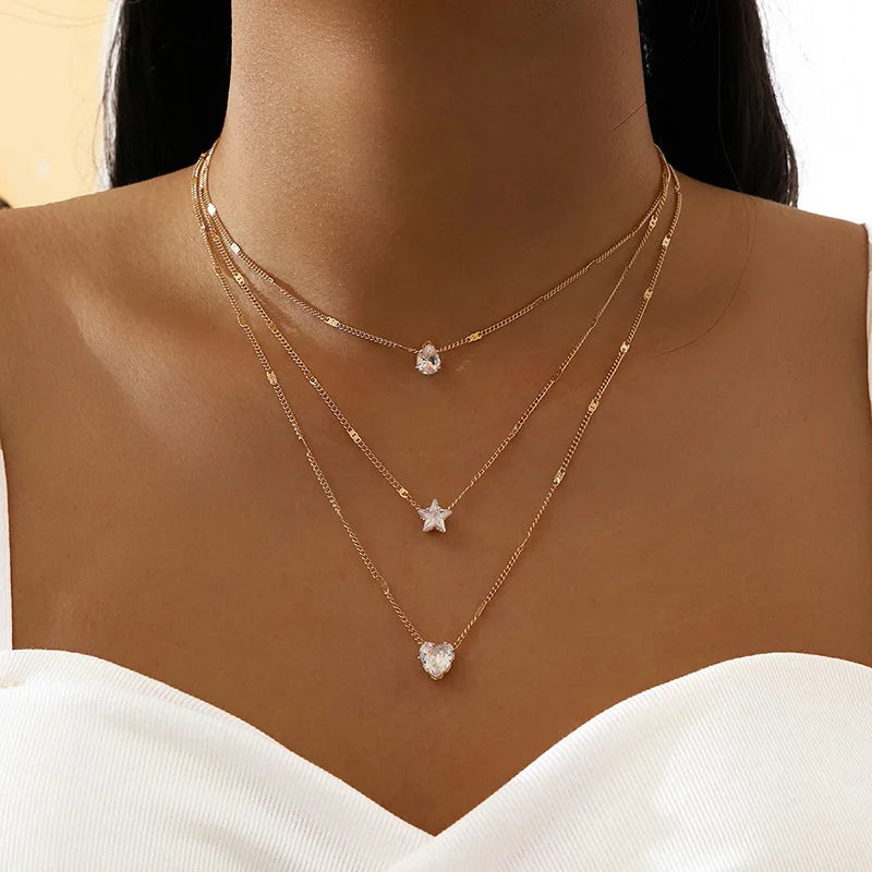 Multilayer Heart Shape Zircon Crystal Necklace Set for Women