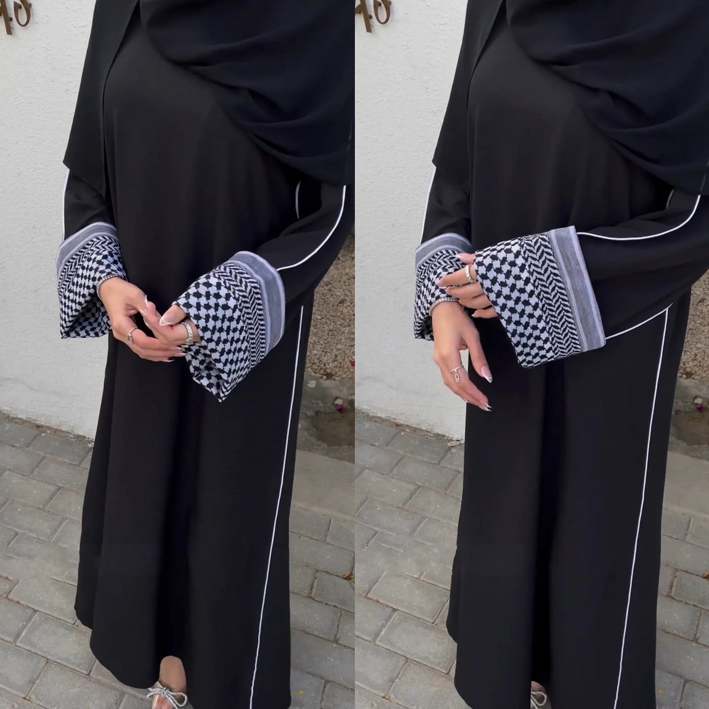 Women's Embroidered Abaya with Palestinian Keffiyeh Sleeves