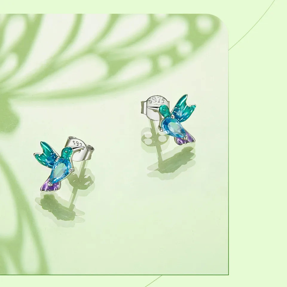 Silver green dragonfly earrings and white gold plated insect earrings