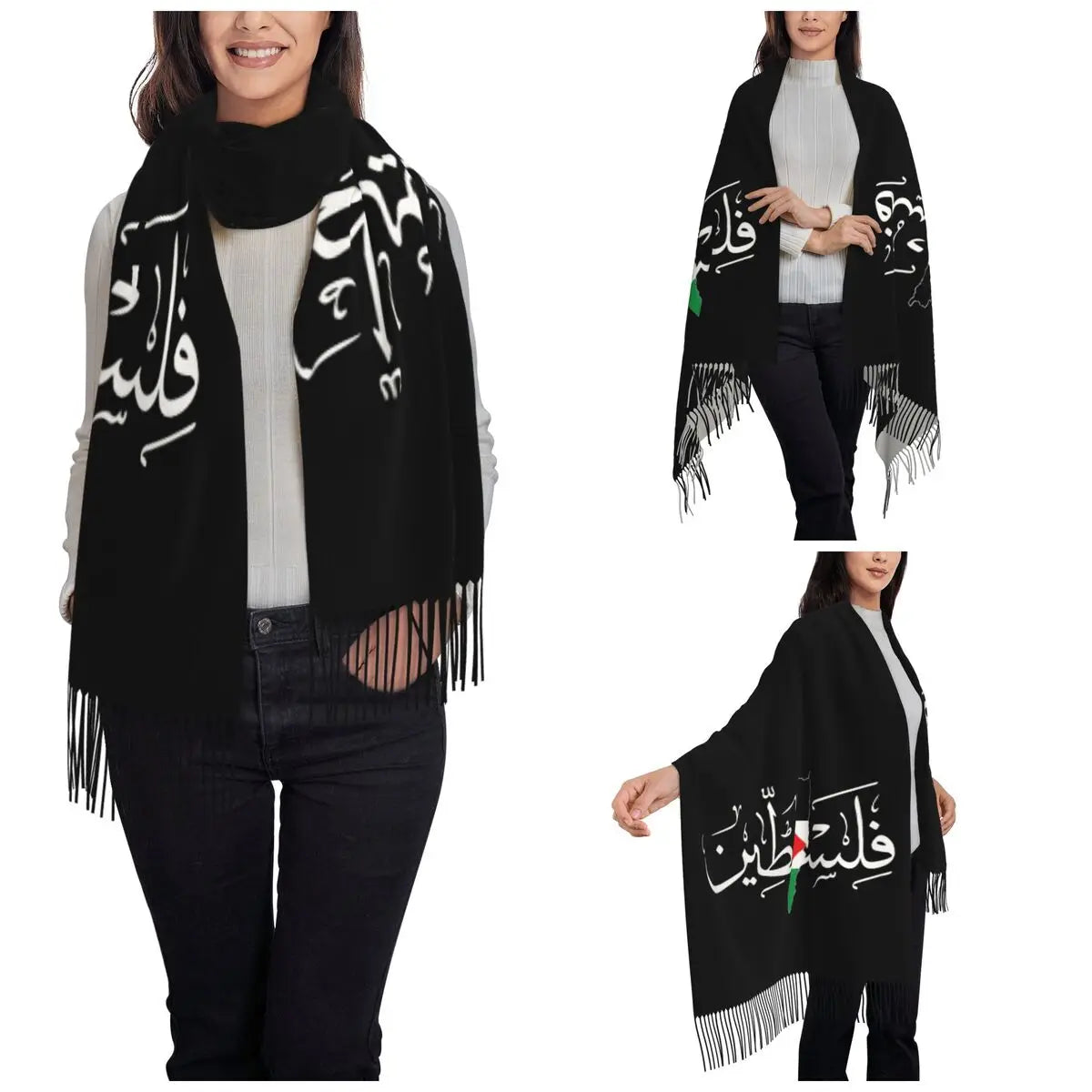 Womens Tassel Scarf Palestinian Arabic Large Winter Fall Shawl Wrap Palestine Solidarity Flag Map Reversible Cashmere Scarf