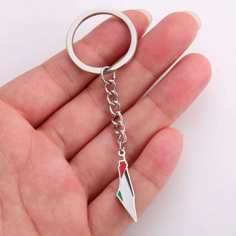 My Shape Palestine Map Flag Keychains Stainless Steel Map Country Geography Keyring Car Backpack