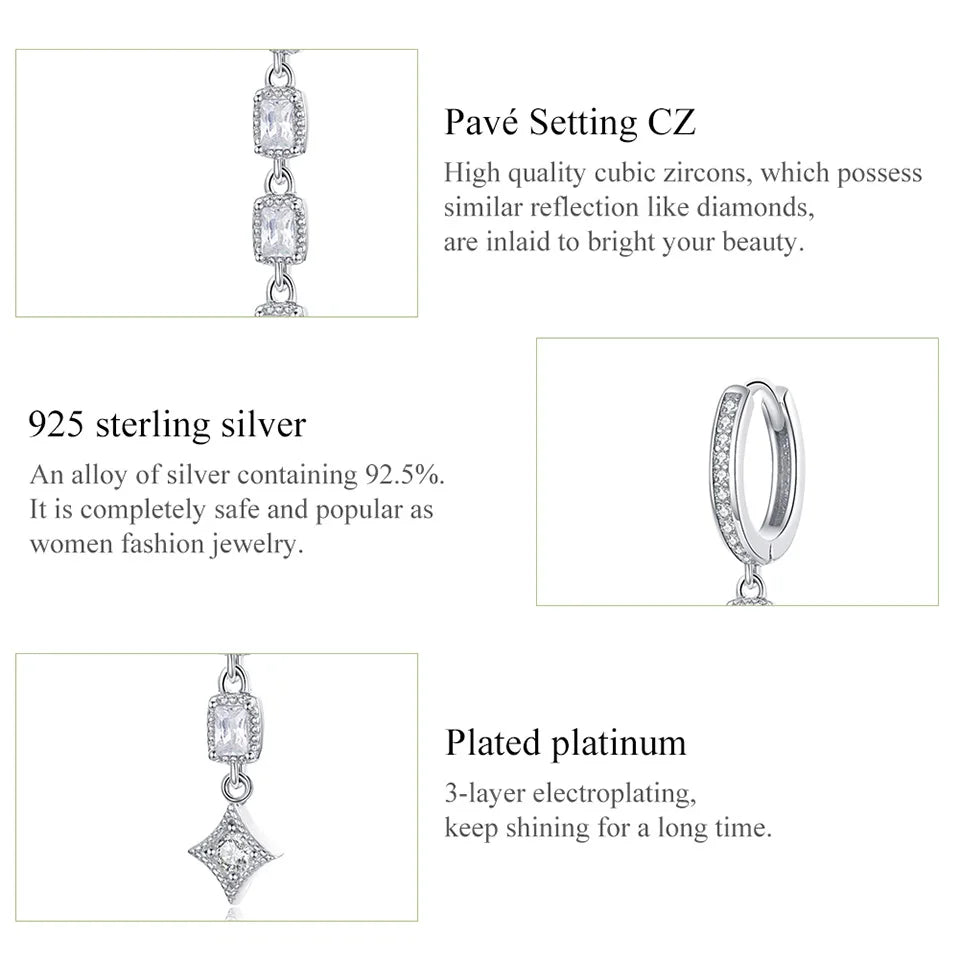 Sterling Silver Classic Square CZ Long Dangle Earrings