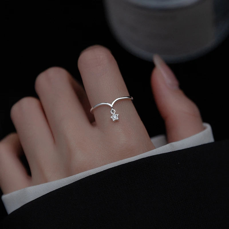 925 Sterling Silver Letter V Zircon Star Adjustable Ring For Fashion Women Cute Fine Jewelry Minimalist Accessories