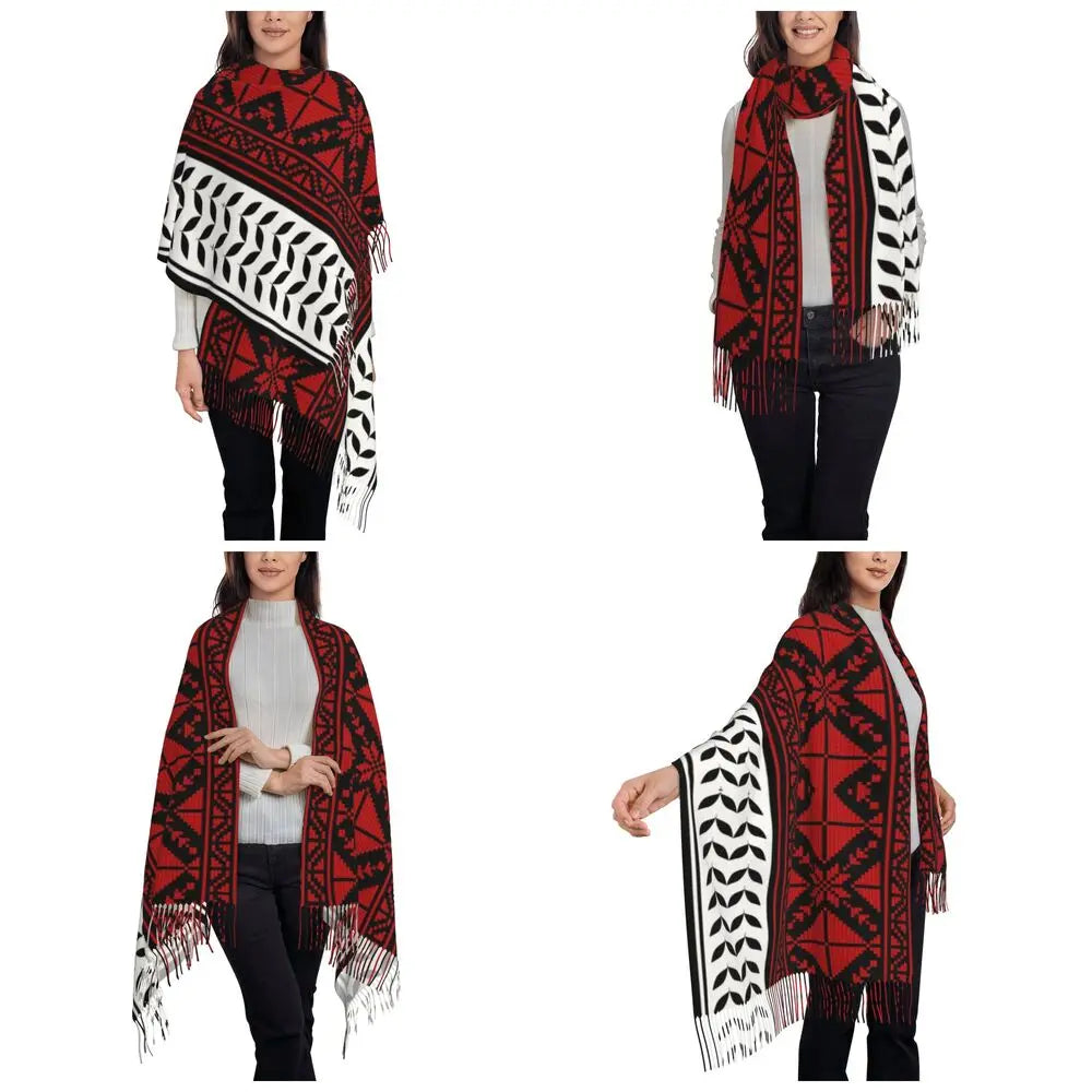 Women's Arab Folk Keffiyeh Style Tassel Scarf, Large Warm Winter Shawl