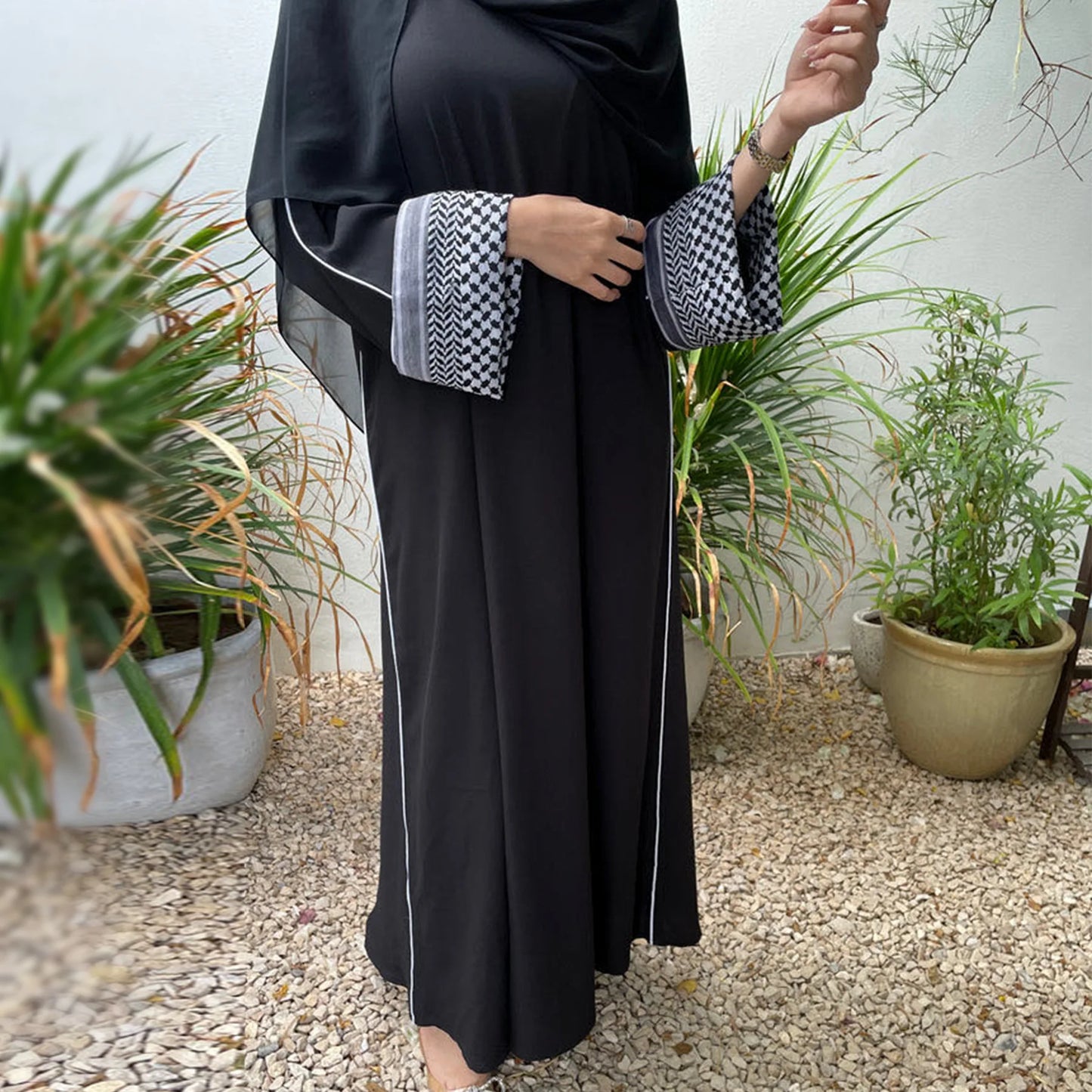 Women's Embroidered Abaya with Palestinian Keffiyeh Sleeves