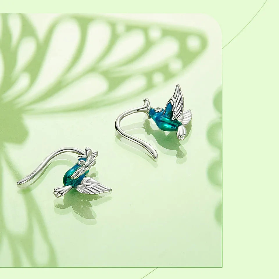 Silver green dragonfly earrings and white gold plated insect earrings