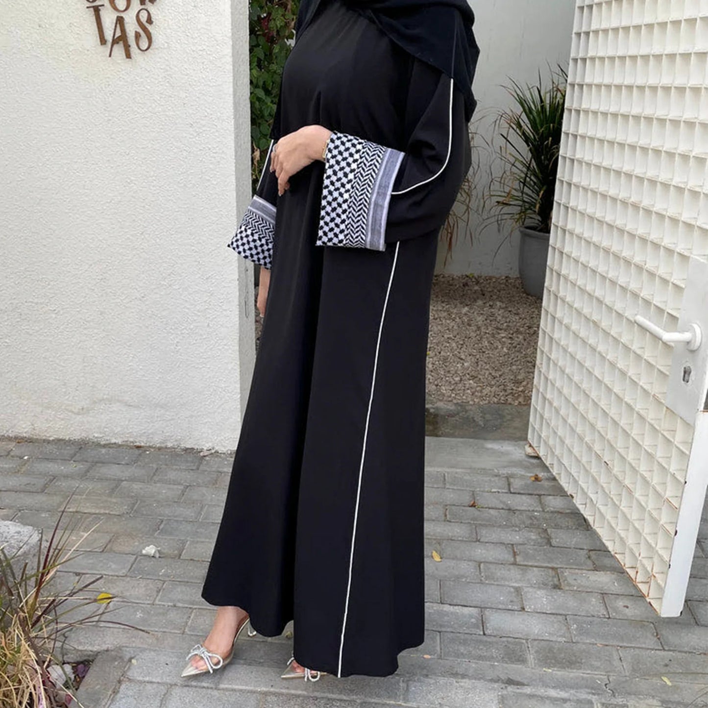 Women's Embroidered Abaya with Palestinian Keffiyeh Sleeves