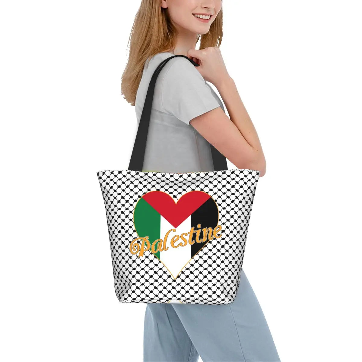 Palestine Keffiyeh Flag Heart Tote Bag Accessories Street For Female Shopping Bag With Zipper