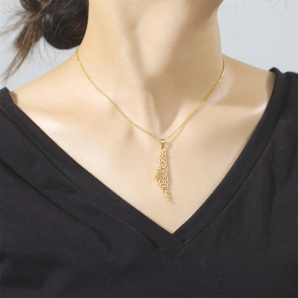 Palestine Map Necklace For Women Stainless Steel Arabic Letter Necklace