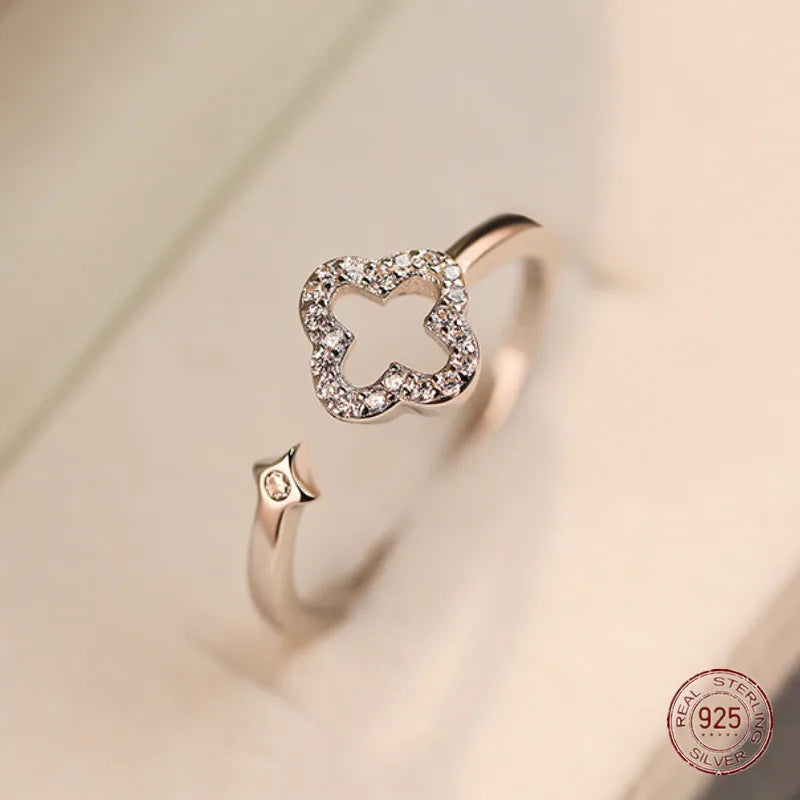 925 Sterling Silver Four Leaf Flower Rings for Women Chic Hollow Zircon