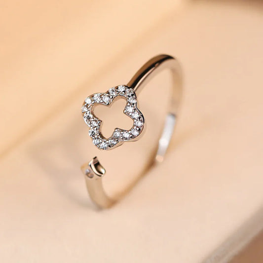 925 Sterling Silver Four Leaf Flower Rings for Women Chic Hollow Zircon