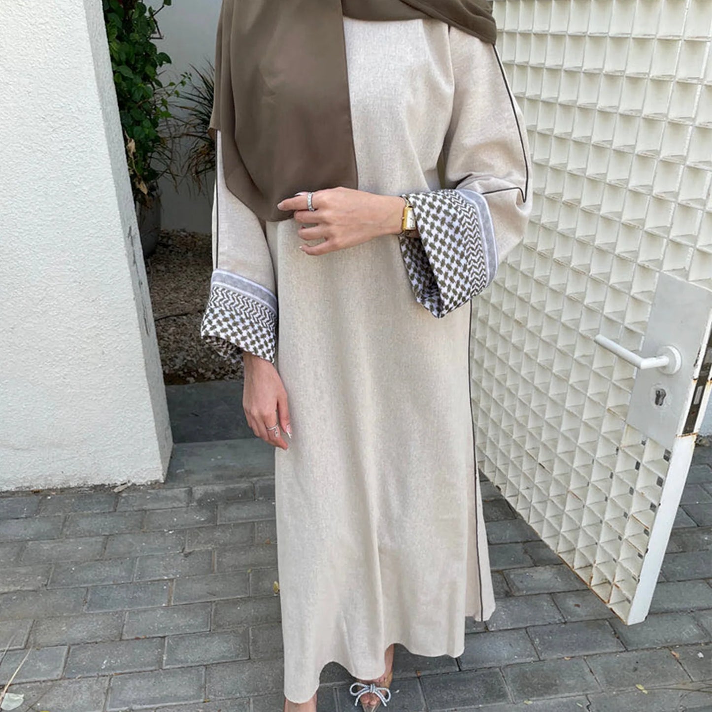 Women's Embroidered Abaya with Palestinian Keffiyeh Sleeves