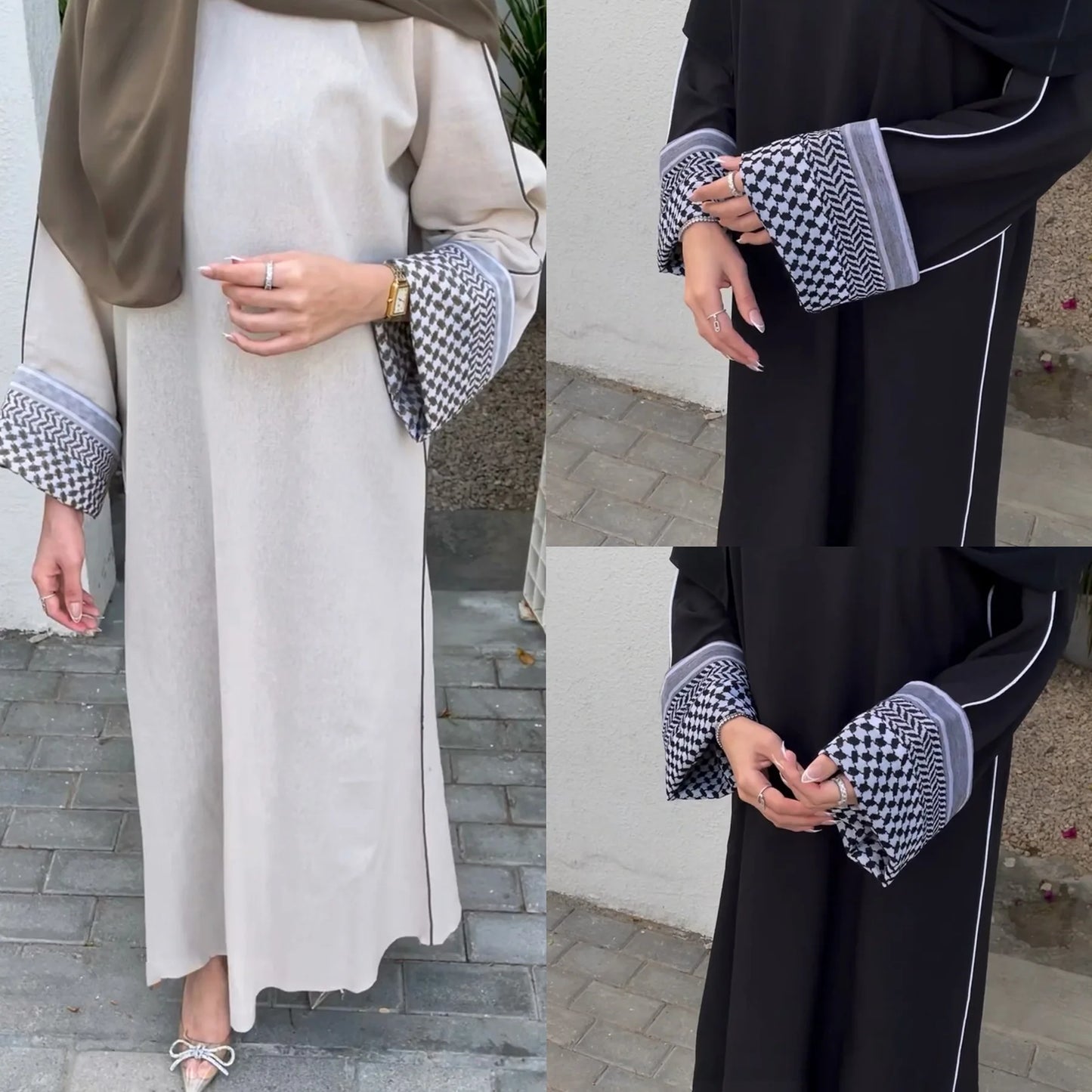 Women's Embroidered Abaya with Palestinian Keffiyeh Sleeves