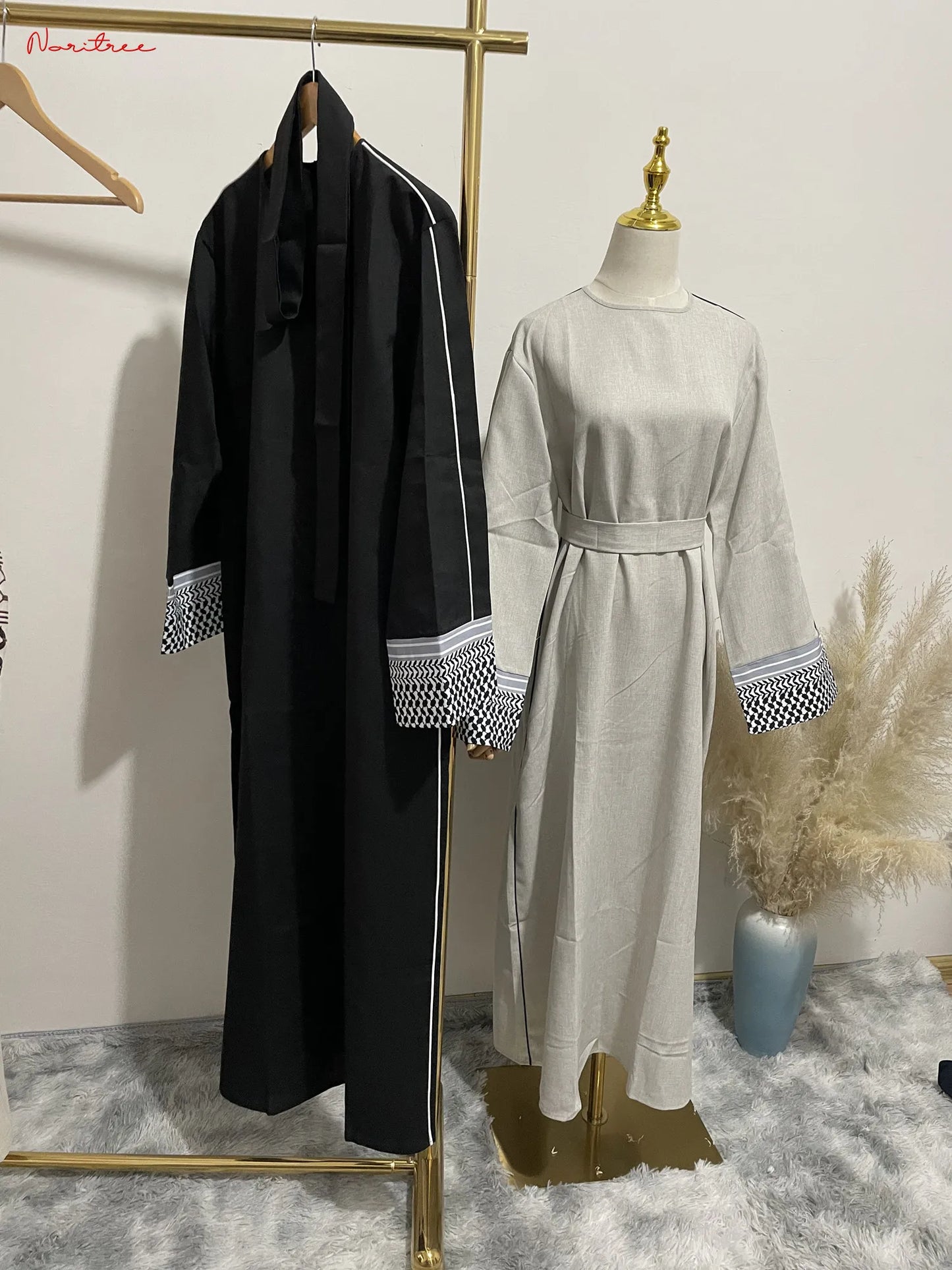 Women's Embroidered Abaya with Palestinian Keffiyeh Sleeves