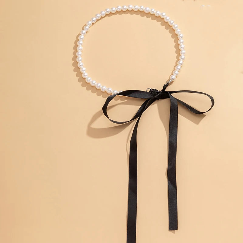 Women's Long Black Ribbon Wedding Necklace White Imitation Pearl